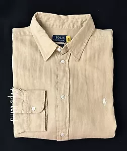 Polo Ralph Lauren Women Relaxed Fit Long Sleeve 100% Linen Shirt KHAKI SZ-XL NWT - Picture 1 of 8