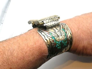 OROLOGIO/BRACCIALE ABAIYACHI P.K.WORK, CHOCTAW TRIBE LG STERLING CORALLO TURCHESE - Foto 1 di 15