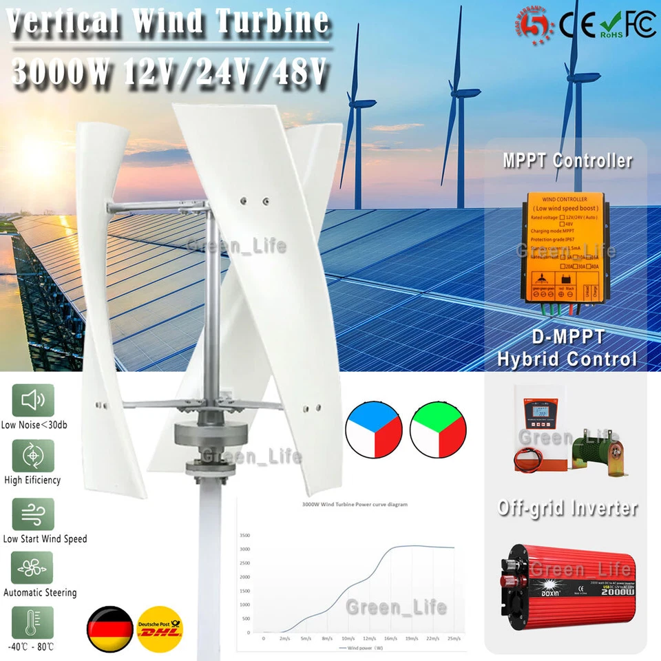 3000W Windkraftanlage 12/24/48V Windgenerator Windturbine Windrad mit Laderegler - Bild 1 von 4