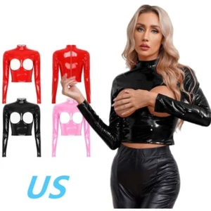 Mujeres PVC Cuero Corto Top Simulado Cuello Manga Larga Frente Abierto Prendas para el torso Camiseta - Imagen 1 de 42