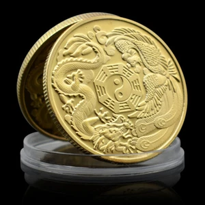 Chinese Gold Coin Dragon and Phoenix Tai Chi Kung Fu Commemorative Medal Gift - Foto 1 di 14