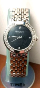 GRUEN Ladies Watch Silver Tone Black Dial RHINESTONES Runs Fine Works Great - Foto 1 di 14