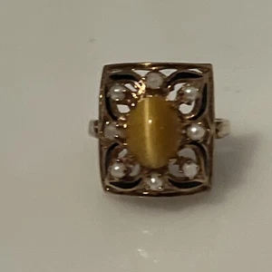 Very Pretty Vintage Katzenauge 10K Gold Ring mit Perlen Emaille Größe 7 - Bild 1 von 5