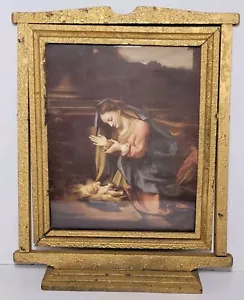 Vintage Antik Madonna und Kind Anbetung Gerahmter Druck Wandbild Christentum - Bild 1 von 11