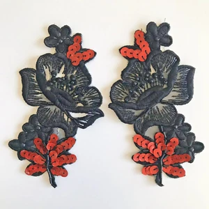 Pair Vintage Beaded Sequin Flowers Sew On Embroidery Patch Trims Applique 13cm - Picture 1 of 9