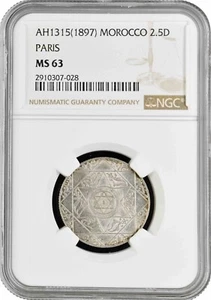 Morocco 2 1/2 dirham AH 1314 (1897), NGC MS63, "Sultan Hassan I (1873 - 1894)" - Picture 1 of 2