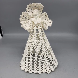 Albero di Natale vintage fatto a mano bianco amidato uncinetto ANGELO alto 9" - Foto 1 di 4