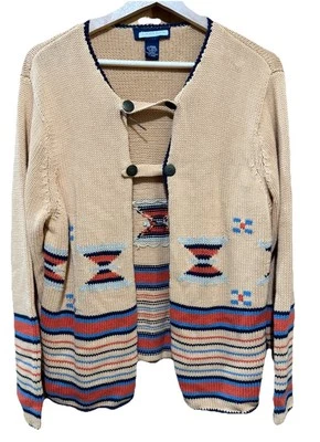 Denim&Co Sweater Cardigan Western Cowgirl Navajo Aztec Tribal Cowichan Large EUC - Image 1 of 4