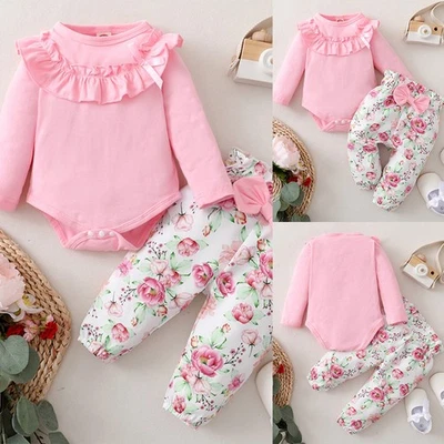 Newborn Baby Girl Ruffle Romper Bodysuit Tops Floral Pants Clothes Set Outfit - Image 1 of 4
