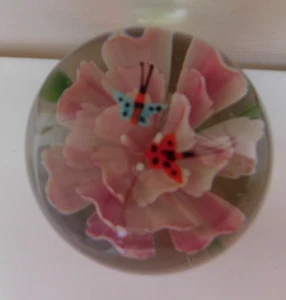 Clear Art Glass Paperweight with Pink Flower + Butterflies Hand Blown Free Ship - Picture 1 of 6