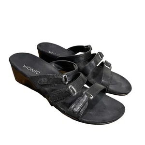 Vionic US 9 EU 40 Sandals Dwyn Slip On Shoes Black Wedge Slides 2" Heel Black - Picture 1 of 12