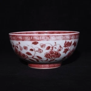 Fine Collectable Chinese Hand Underglaze Red Porcelain Flowers Plants Bowl - Picture 1 of 9