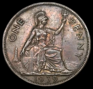 1939 Great Britain One Penny Light Toning Old World Coin KM 845 (stk828) - Picture 1 of 2