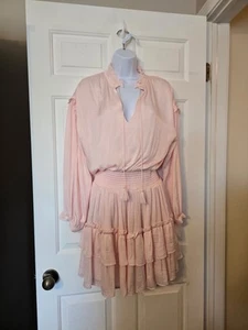 Gibson Latimer Peach Tiered Ruffle Dress Size Small Long Sleeve V Neck Blouson - Picture 1 of 12