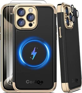 iPhone 15 Pro Case COOLQO Black Gold 2x Screen & Camera Protectors - Picture 1 of 6