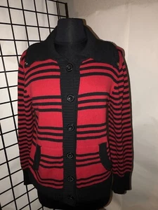 Jones NY Sport Cardigan Button Front with Pockets Red and Black Stripe Size L - Picture 1 of 7