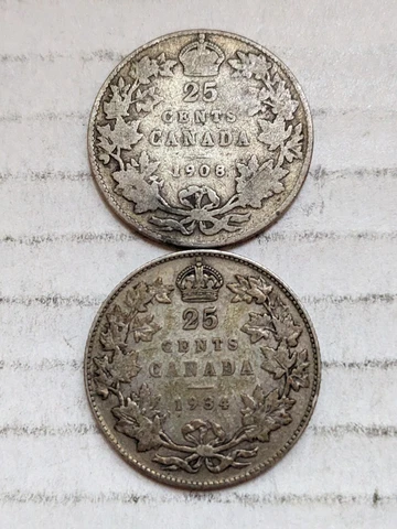 1908 1934 Canada 25 Cents 80% 92.5% Silver Quarters Lot (Set of 2) RCM Cover