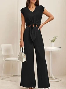 Women's 2 Piece Outfits Cap Sleeve V Neck Belted Crop Tops Wide Leg Pant Sets - Picture 1 of 13