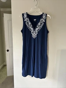 Lands End Womens Sleeveless DressSmall 6-8 Navy Cotton Knit Embroidered Pockets - Picture 1 of 10