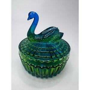 Vintage Swan Candy Dish Iridescent Blue/Green