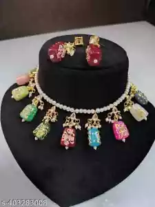 22K Gold Plated Jhumka Earrings Indian Bollywood Choker Necklace Bridal Jewelry - Picture 1 of 5