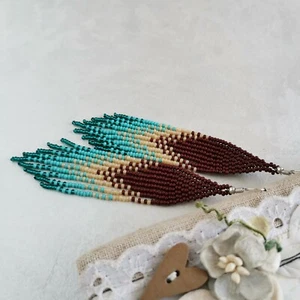Long beaded fringe beadwork earrings, Native chandelier Boho earrings  - Picture 1 of 4