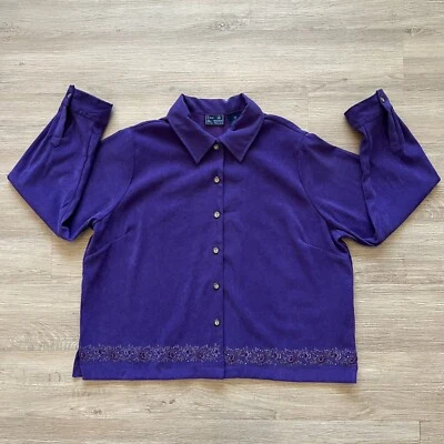Jane Ashley Faux Suede Button Up Top Embroidered Floral Trim Stretch Purple 1X - Image 1 of 4