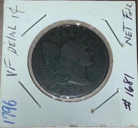 💵  1796 Liberty Cap Large Cent 1C Coin - Net Fine,  Rare Date! VF Details! 💵 Cover