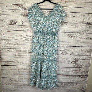 Womens Rachel Zoe Blue White V Neck Flowy Tiered Floral Maxi Dress Linen Boho L - Picture 1 of 8