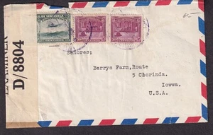 Venezuela 1942 WWII PC90 censor D8804 cover to Berrys Farm Clarinda Iowa - Picture 1 of 2