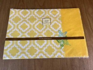 Lenox Placemats Set Of 4 Blue Yellow Butterflies Embroidered 13x19” Quatrefoil - Picture 1 of 7