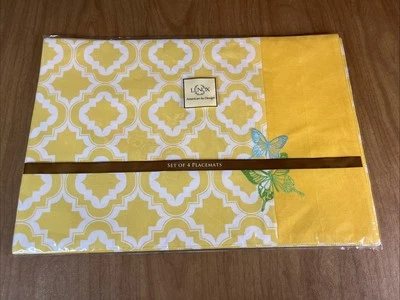 Lenox Placemats Set Of 4 Blue Yellow Butterflies Embroidered 13x19” Quatrefoil - Image 1 of 4