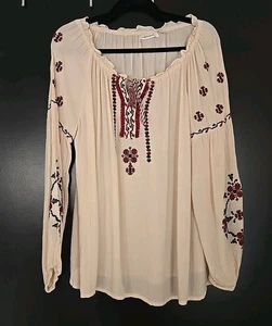 Blusa Campesina John Paul Richard Para Mujer M Boho Bordada Rojo Crema Rayón - Imagen 1 de 11
