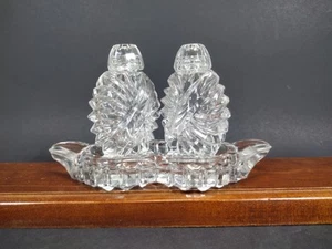 Bohemian Glass Salt Pepper Set Tray Vintage Clear Diamond Design Czech MCM - Picture 1 of 7