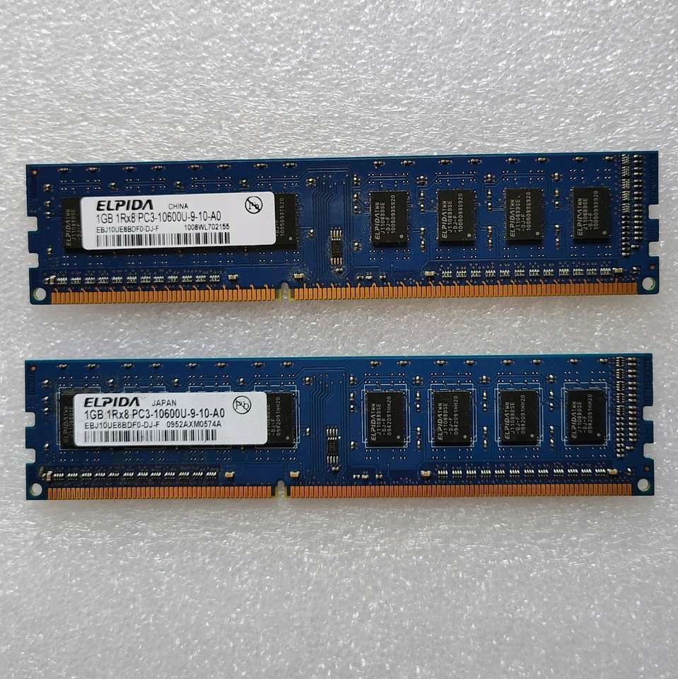 Lot of 2x Elpida 1GB DDR3 1333MHz PC3-10600U Desktop RAM UDIMM – 2GB Total - Image 1 of 1