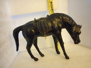 Vintage Equestrian Leather Wrapped Horse Figure Statue Black/W Saddle & Reins - Picture 1 of 7