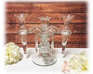 Vtg Cambridge Arms 3 Light Candelabra and 2 Epergne Vases Bobeche Crystal Prisms - Picture 1 of 11