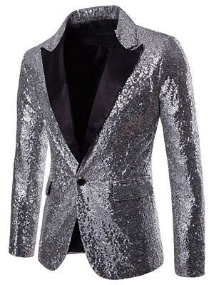 Mens Shiny Sequin Lapel Blazer Suit Jacket Wedding Party Dinner Prom Tuxedo Club - Image 1 of 4