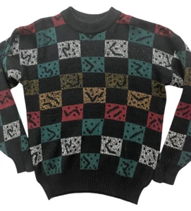 VTG 80s 90s Inprivate Sweater Mens Medium Black Geometric Grandpa Dad Core - Picture 1 of 11