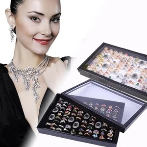 100Slots Ring Display Box Jewelry Organizer Holder Transparent Window Show Case, - Picture 1 of 9