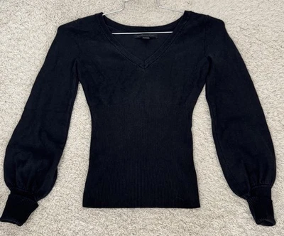 Express Silk Blend  V Neck Ribbed Black Sweater Puff Sleeves Size S Bodycon Sexy - Image 1 of 4