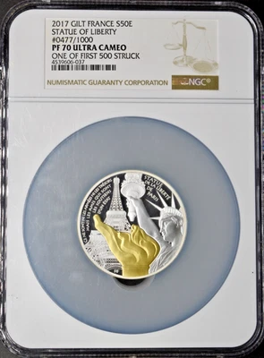 Francia 2017 5 oz plata estatua de la libertad dorada NGC PF70UC 1 de 500 - ✪Coingiants✪ Foto 1 de 2