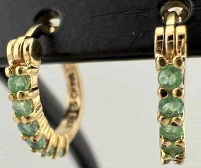 ROSS SIMONS GOLD PLATED 925 EMERALD SMALL HOOP EARRINGS K571A - Image 1 of 4