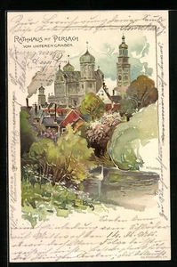 Lithographie Augsburg, Ortspartie mit Rathaus vom unteren Graben, Perlachturm - Picture 1 of 2