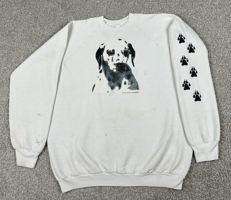 Sudadera De Colección Perro Dálmata Hombres XL Blanca Cuello Redondo Pullover Famoso Fidos Años 80 Foto 1 de 4