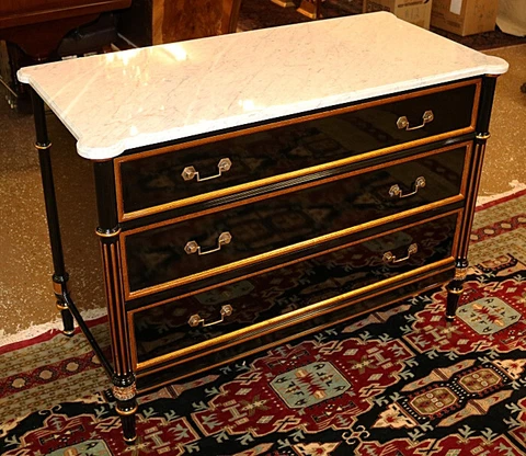 Directoire Maison Jansen Style Marble Top Ebony & Gold Chest Dresser Commode Cover