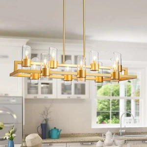 WUZUPS Island Rectangle Chandelier 10-Light with Clear Glass Industrial Modern - Picture 1 of 9
