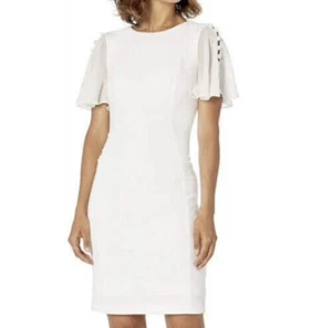 Vestido Calvin Klein Blanco Mangas de Chifón Campana Vaina Crepe Talla 8;; 22w Nuevo con Etiquetas - Imagen 1 de 9