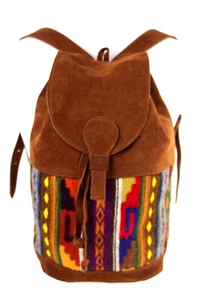 BROWN GENUINE SUEDE ARTISAN MULTICOLOR ETHNIC WOOL CANVAS DRAWSTRING BACKPACK - Picture 1 of 12