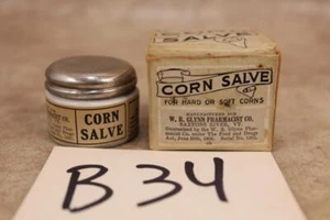 B34 VINTAGE CORN SALVE WB GLYNNE PHARMACIST SAXTONS RIVER VT JAR IN BOX - Picture 1 of 1